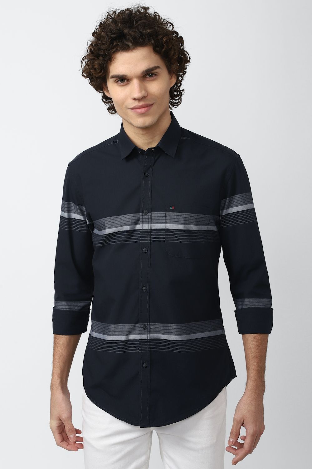 Men Navy Super Slim Fit Stripe Full Sleeves Casual Shirt