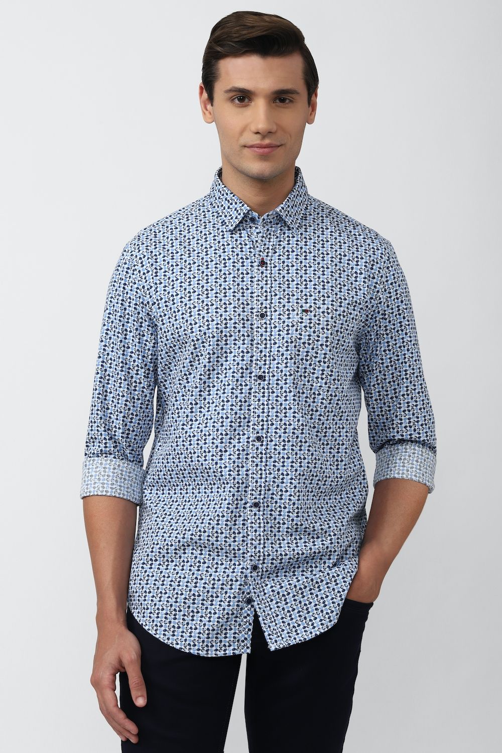 Men Blue Super Slim Fit Print Full Sleeves Casual Shirt