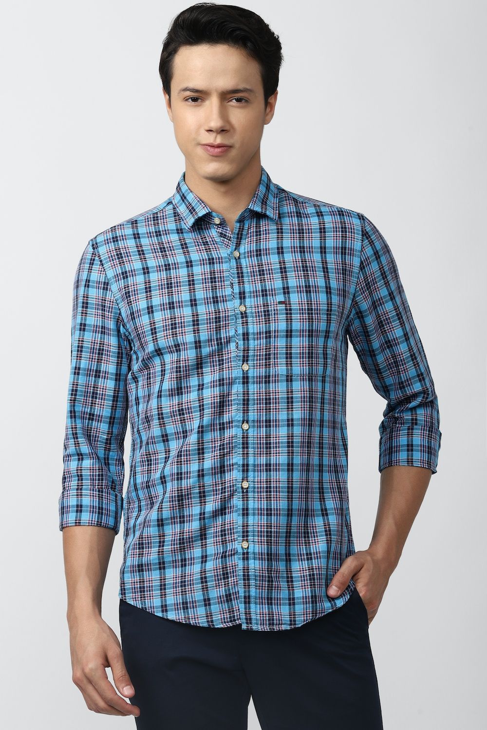 Men Blue Super Slim Fit Check Full Sleeves Casual Shirt
