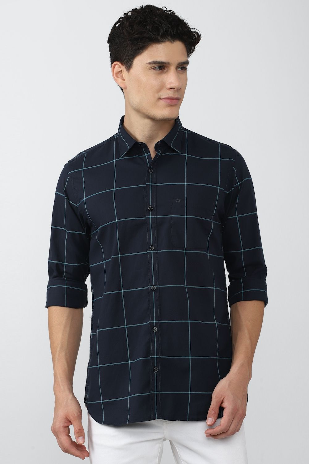 Men Navy Slim Fit Check Full Sleeves Casual Shirt