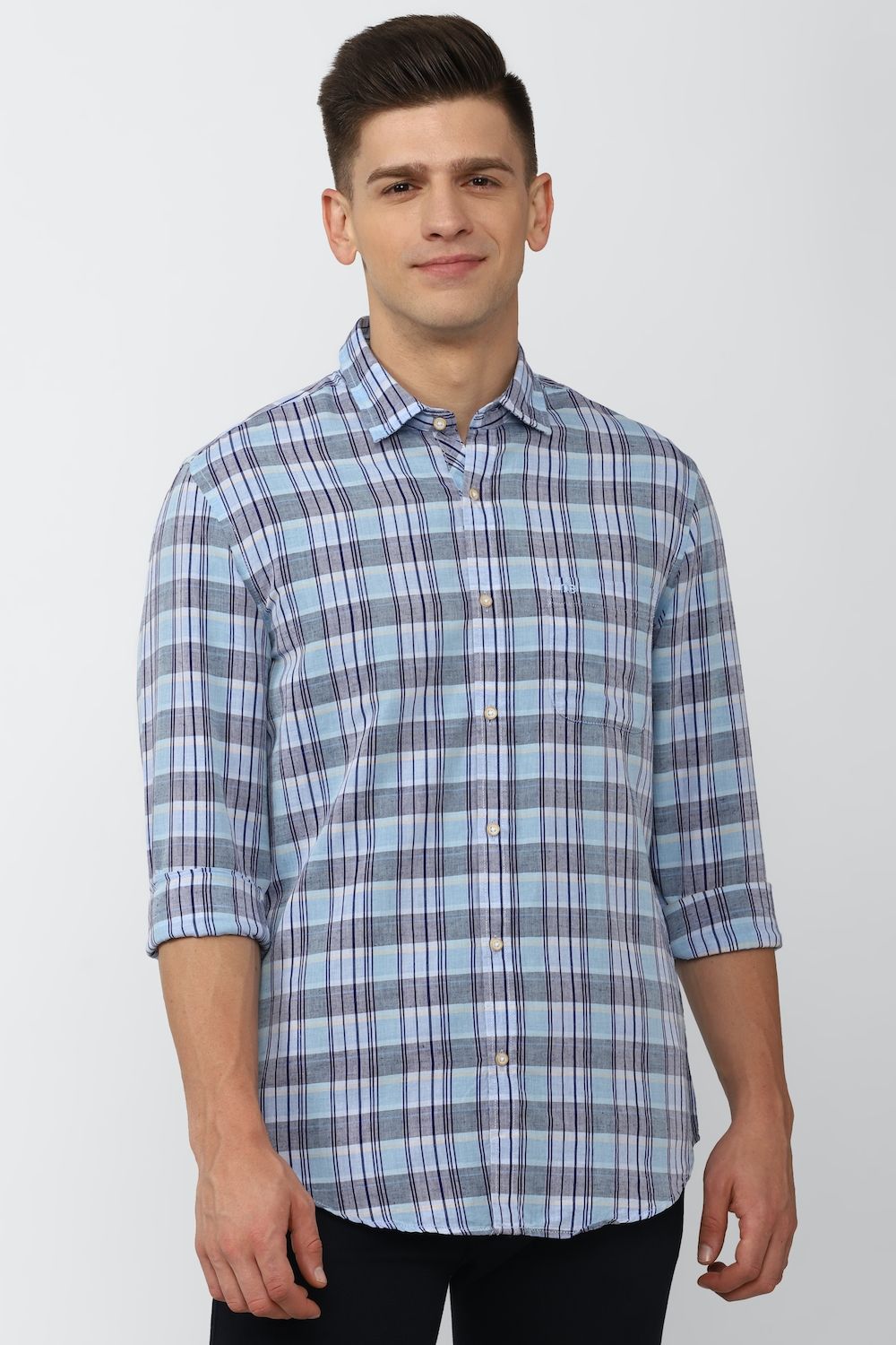 Men Blue Super Slim Fit Check Full Sleeves Casual Shirt