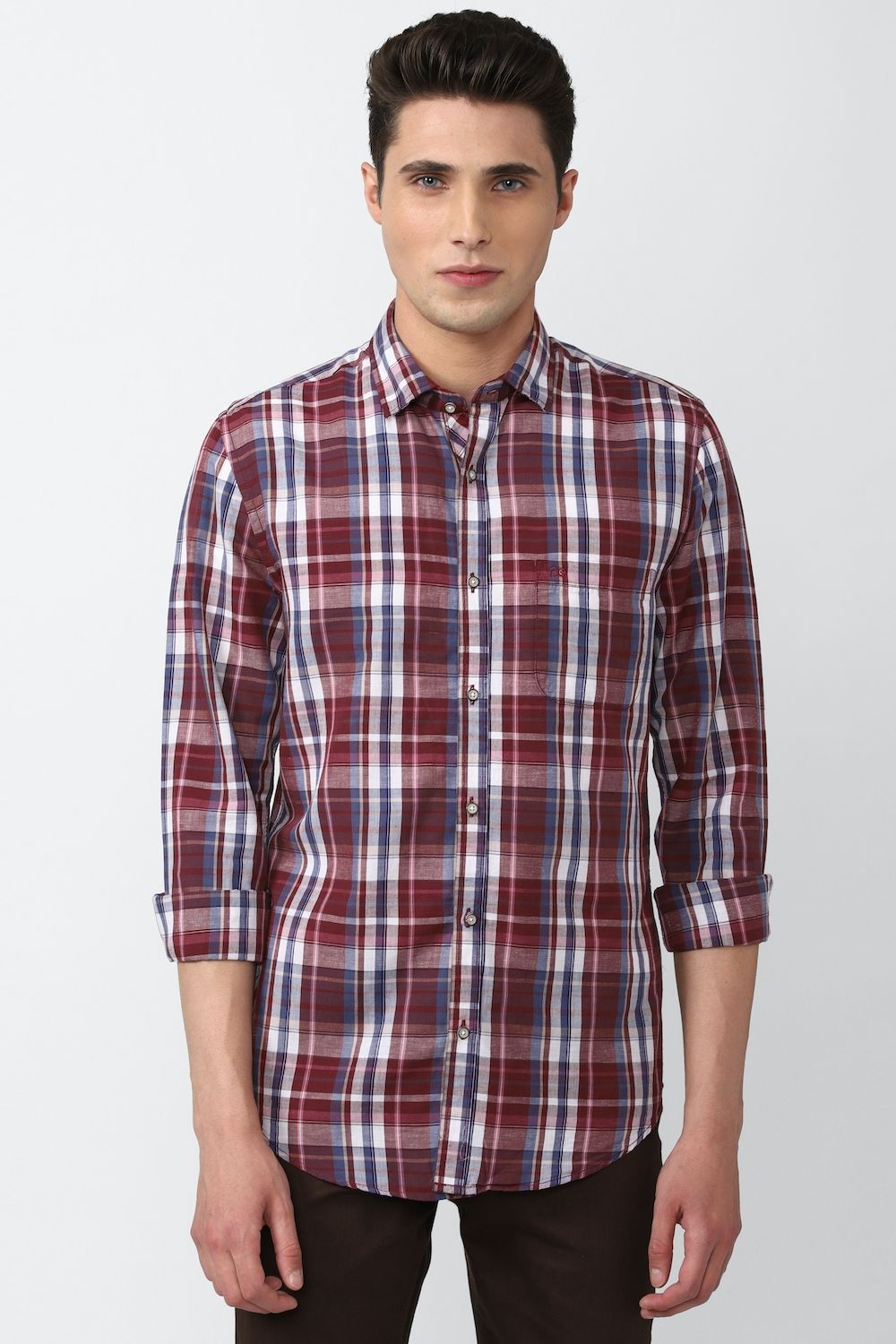 Men Maroon Super Slim Fit Check Full Sleeves Casual Shirt