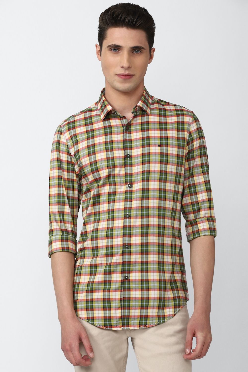 Men Cream Super Slim Fit Check Full Sleeves Casual Shirt