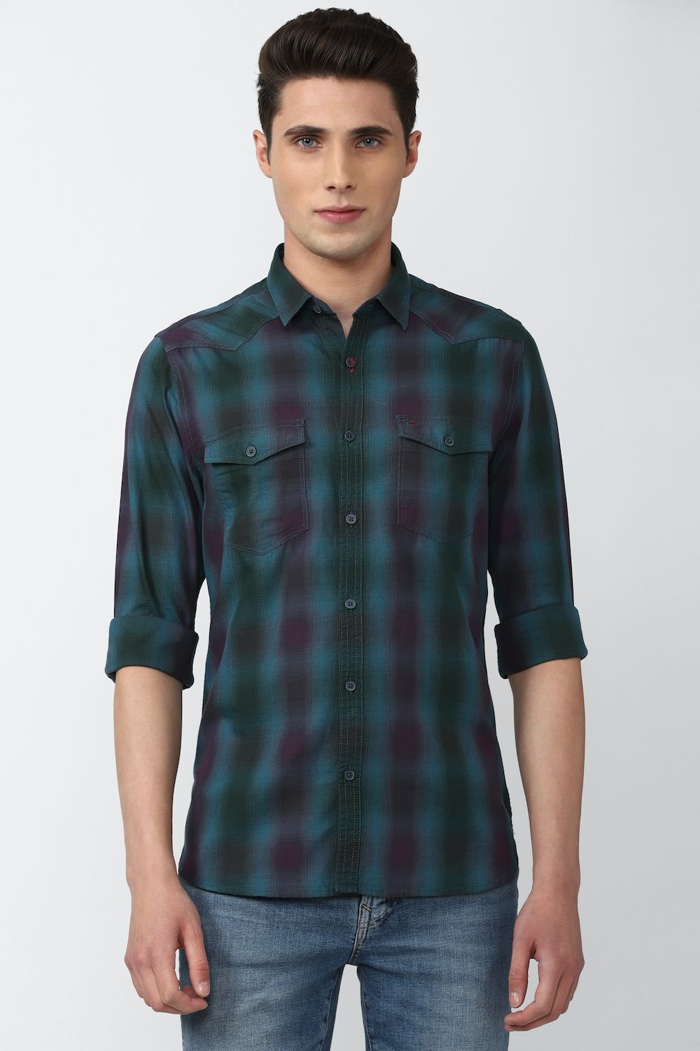 Men Blue Super Slim Fit Check Full Sleeves Casual Shirt