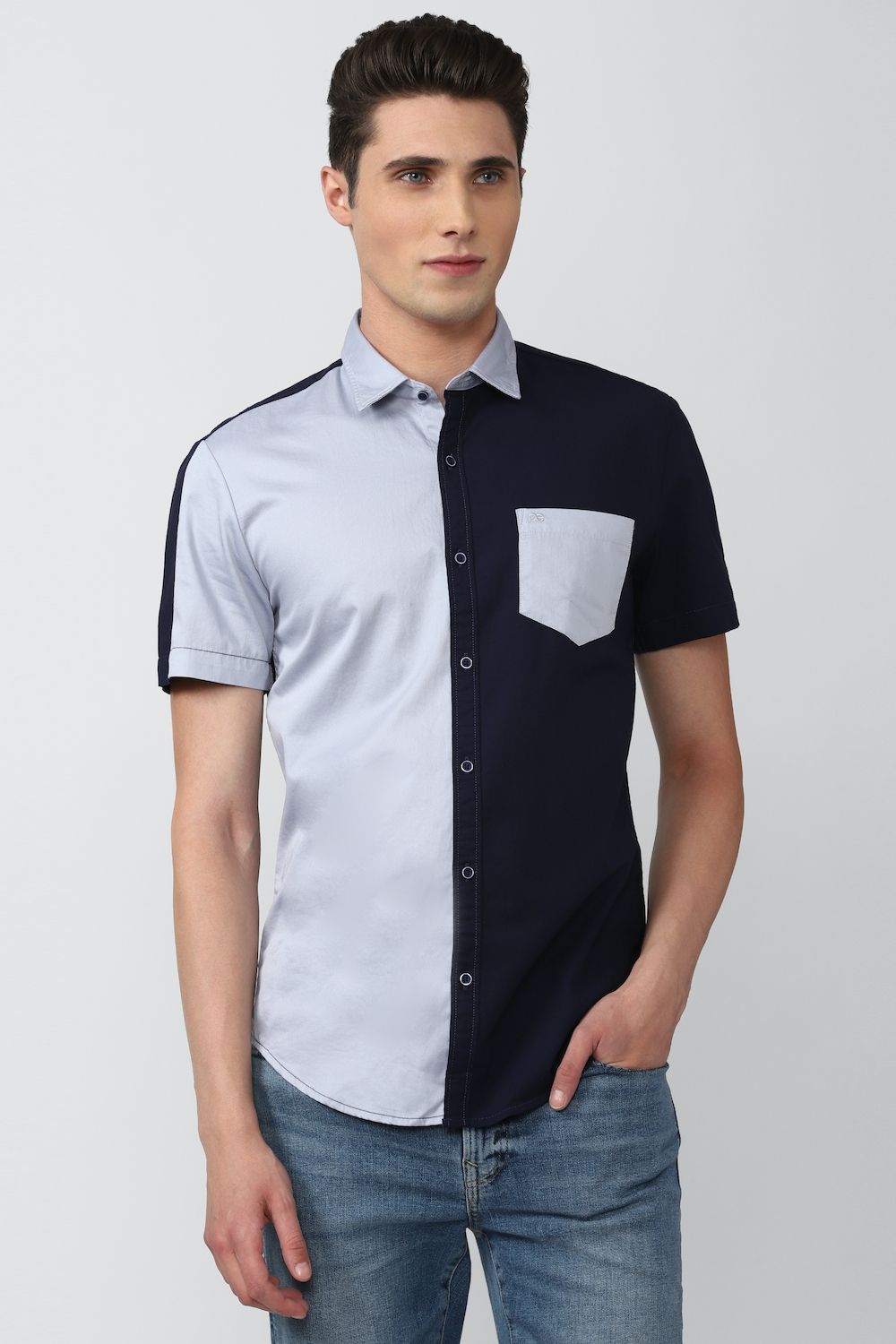 Men Navy Super Slim Fit Print Half Sleeves Casual Shirt