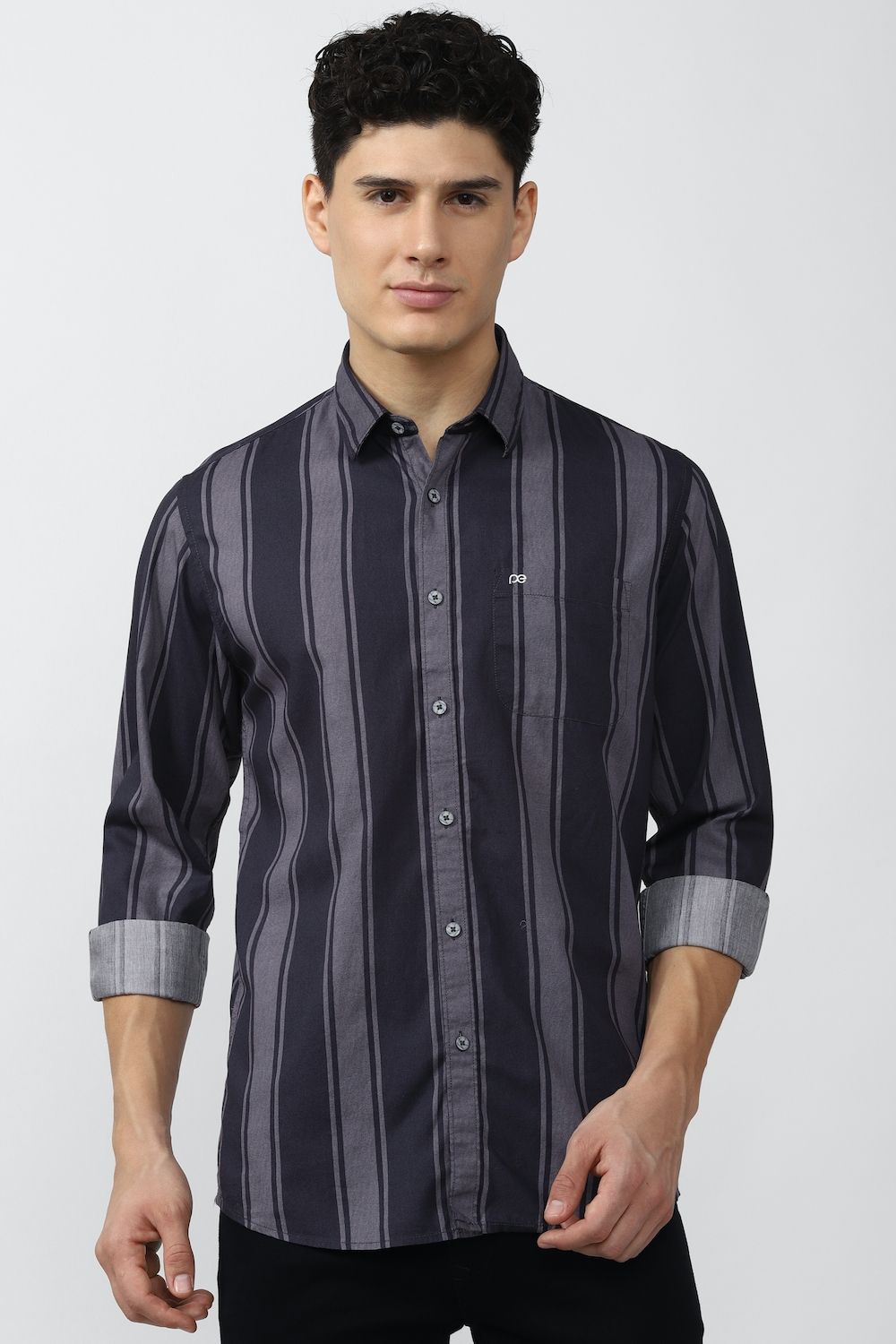 Men Navy Slim Fit Stripe Full Sleeves Casual Shirt