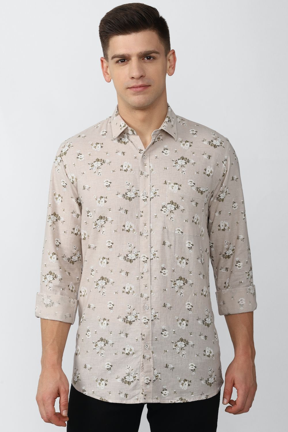 Men Beige Super Slim Fit Print Full Sleeves Casual Shirt