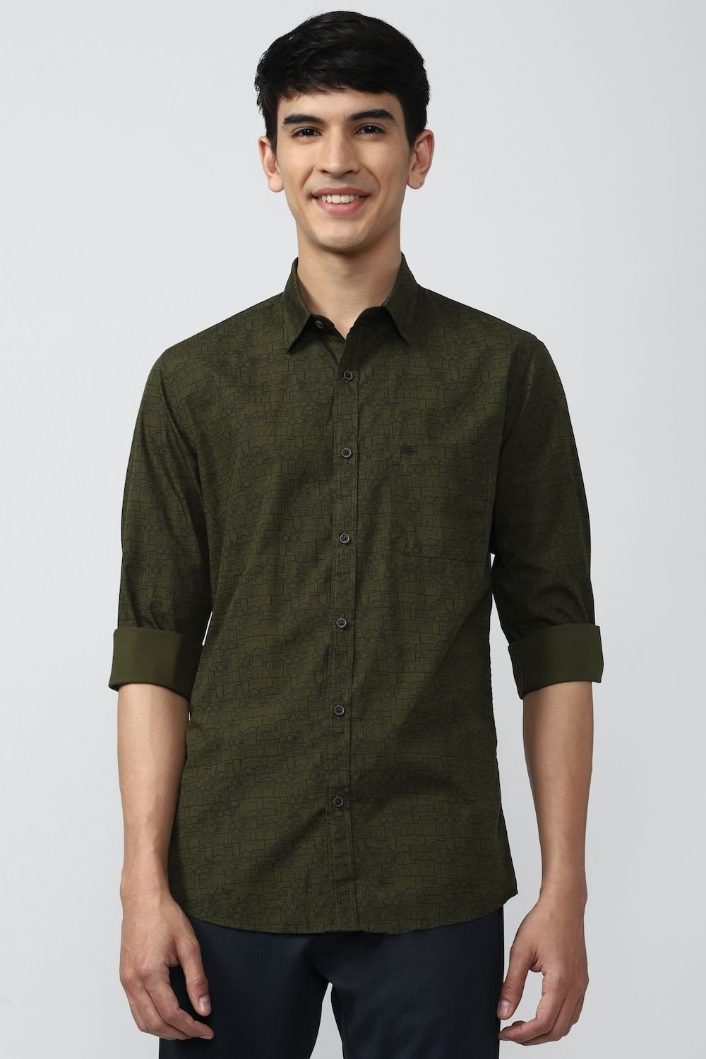Men Olive Slim Fit Print Full Sleeves Casual Shirt