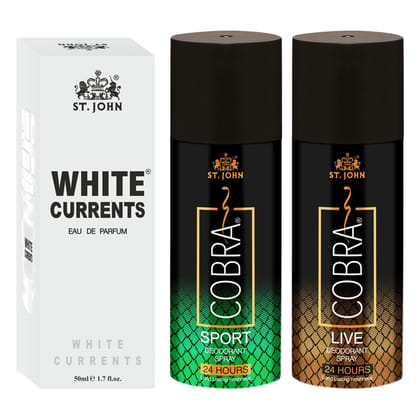 ST.JOHN Perfume Body Spray For Men & Women | Cobra Long Lasting Deodorant Live & Sports 150 ml each & White Current 50ml Perfume Combo Pack Perfume (350 ml, Pack of 3)