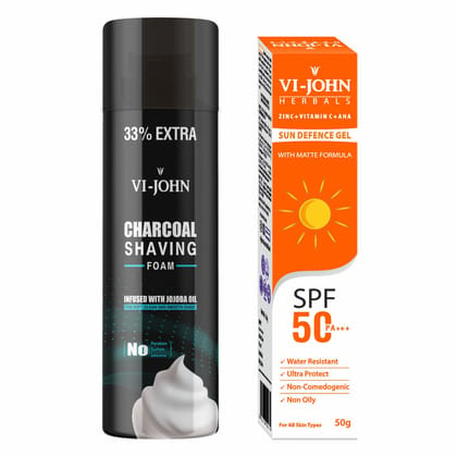 VI-JOHN Charcoal Shaving Foam 300ml & Sunscreen Ultra Light Gel SPF 50 PA+++ (50 ml)