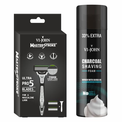 VI-JOHN Charcoal Shaving Foam 300ml & Master Stoke Ultra Pro 5 Blade Shaving Razor For Men