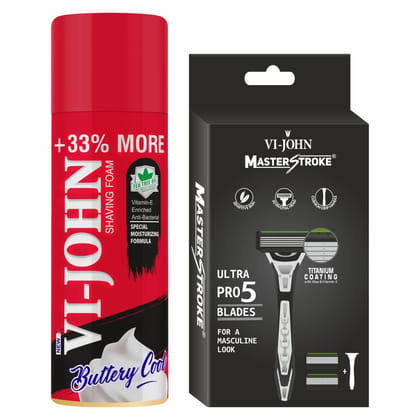 VI-JOHN Red Shaving Foam 400ml & Master Stoke Ultra Pro 5 Blade Shaving Razor For Men