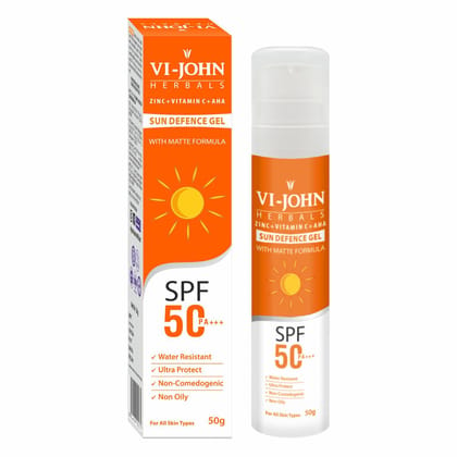 VI-JOHN Vitamin C, AHA & Zinc Lightweight Matte Gel Sunscreen SPF 50 PA+++ | For UVA UVB, Broad Spectrum & Blue Light Protection | Non-Greasy, Quick-Absorbing | No White Cast | For Women & Men | 50G
