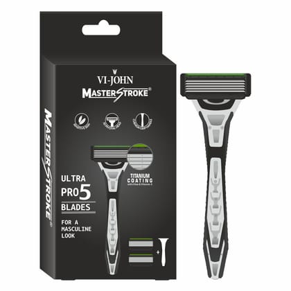 VI-JOHN Masterstroke Ultra Pro 5 Blade Titanium Coated Razor For Men with Aloe Vera & Vitamin-E (1 Handle + 2 Cartridges)