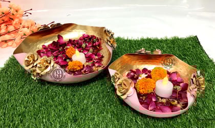 Modern Urli Bowl for Floating Flowers and Candles Home, Designer Table Decor (Pink and Gold)- Set of 2