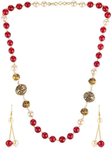 AV Fashion India - Semi Precious Gemstone Onyx Beads With Metal Ball 16 Inch Necklace Single Layer Beaded with Earring Pink Mala For Girl and Women Fashion Jewellery
