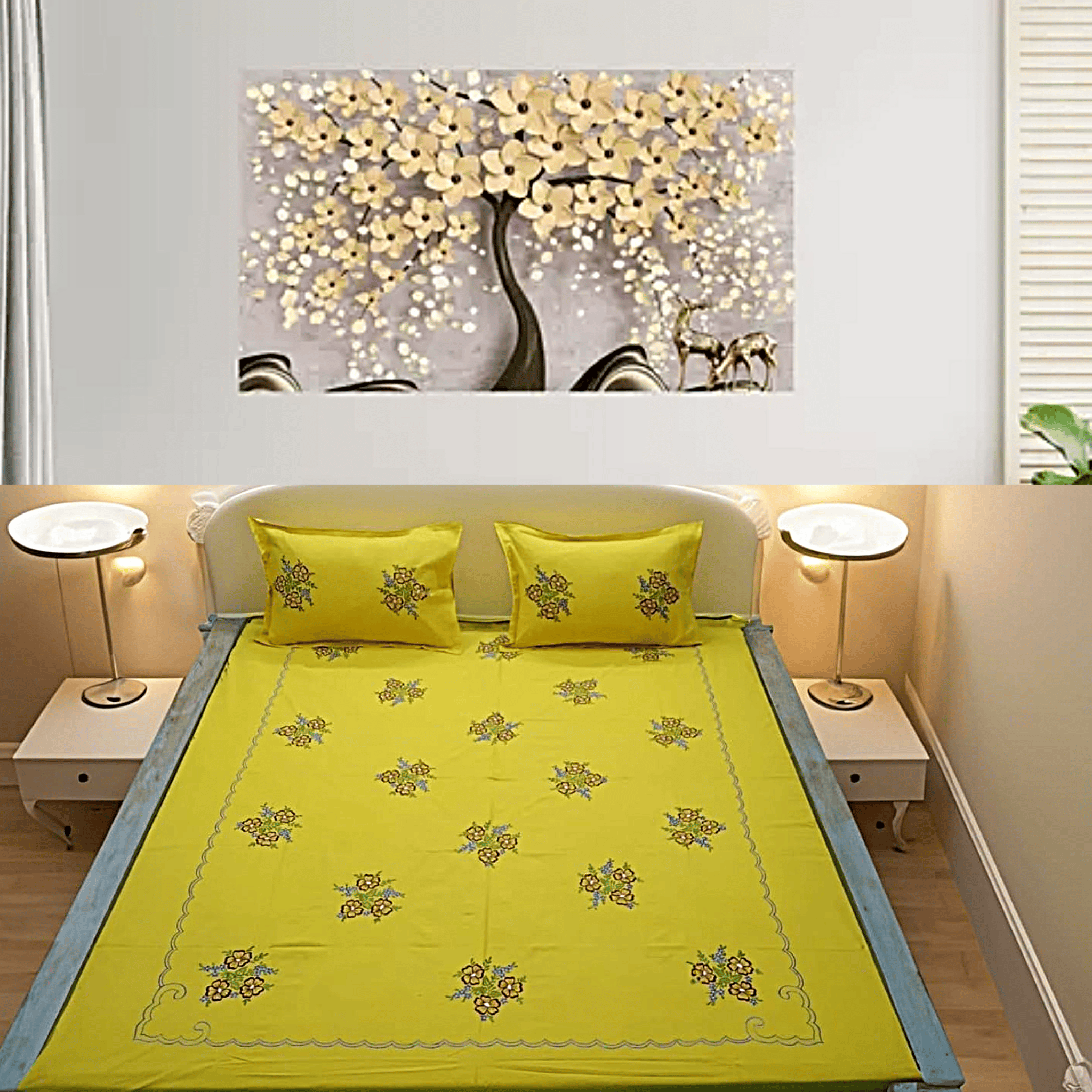 Chikankari King Size 100% Pure Cotton Embroidered Flat Bedsheet Set with 2 Pillow Covers - Luxurious Design and Durable Quality (102x90 inches - Yellow)