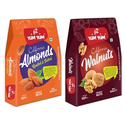 Yum Yum Roasted Almonds & Walnut Kernels(Akhrot Giri)  500g (2 x 250g)