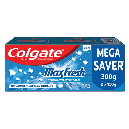 Colgate MaxFresh Toothpaste, Blue Gel Anticavity Paste with colling crystals for Super Fresh Breath, 300g, 150g X 2 (Peppermint Ice)