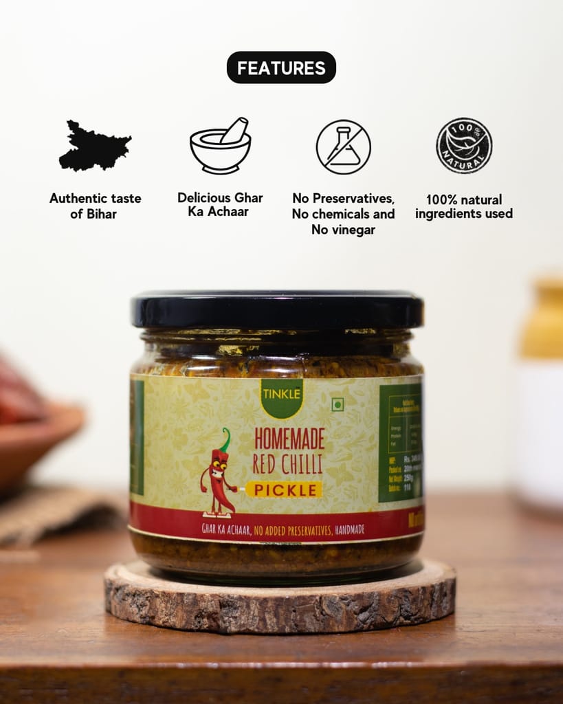 Tinkle Homemade Red Chilli Pickle | Bihari Style | Less Oil | No Preservatives | Sun Dried | 100% Natural Ingredients Used