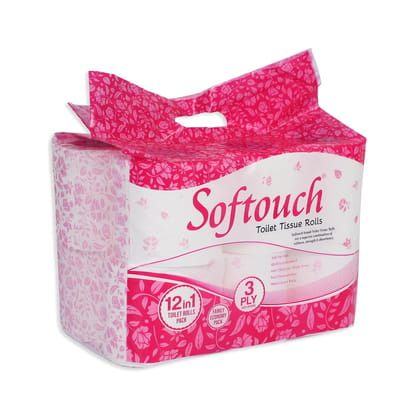 Softouch 3 Ply Toilet Paper tissue roll 12-in-1 (12 Rolls)