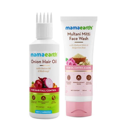 Mamaearth Onion Hair Oil for Hair Fall Control with Onion & Redensyl (150ml) + Mamaearth Multani Mitti Face Wash (100ml) Pack of 2