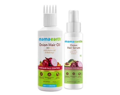 Mamaearth Onion Hair Oil for Hair Fall Control with Onion & Redensyl (150ml) + Mamaearth Onion Hair Serum with Onion & Biotin for Strong Frizz -Free Hair (100ml) Pack of 2