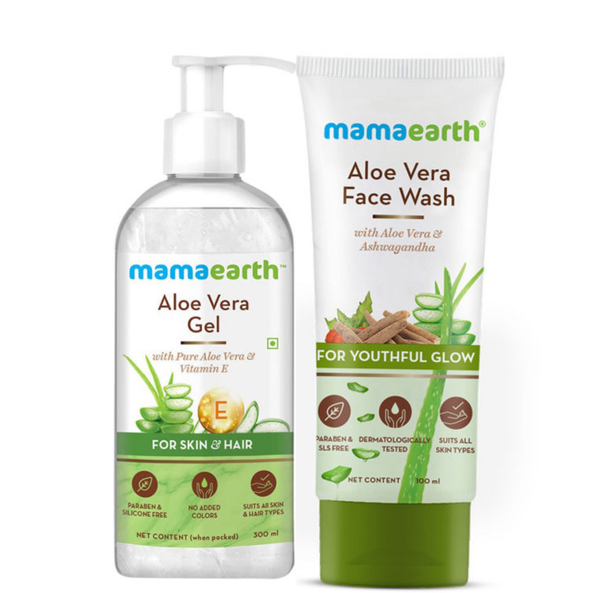 Mamaearth Aloe Vera Gel With Pure Aloe Vera & Vitamin E For Skin and Hair (300 ml) + Mamaearth Aloe Vera Face Wash With Aloe Vera & Ashwagandha For A Youthful Glow (100 ml) Pack of 2