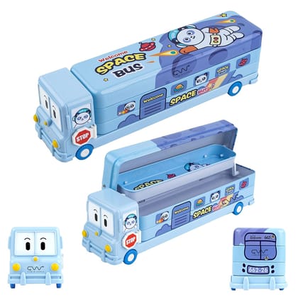 Space School Bus Shaped Pencil Box for Kids with Wheels and Sharpener Metal - (Space Design) Multicolor