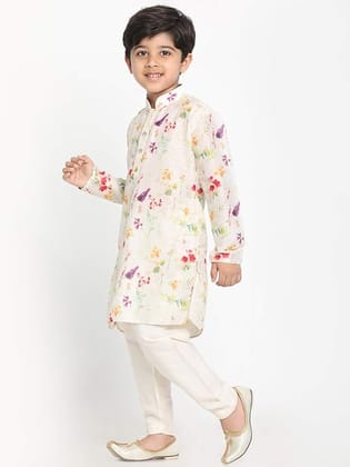 VASTRAMAY Boys Cotton Blend Kurta Pyjama Set - Ethnic Elegance for Festivals | Spring Edit Floral Design Digitally Printed KurtaWith Relaxed Pyjama for Kids