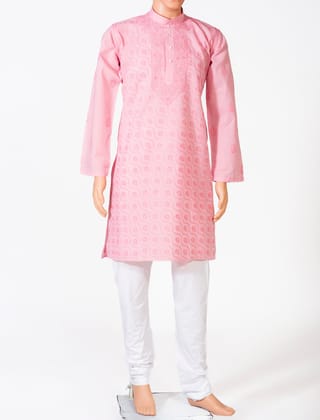 Men's New Pink Colour Cotton Hnad Chikankari Kurta