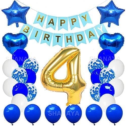 SHANAYA Happy Birthday Decorations For Girls Boys Husband Wife Combo Items Kit -42Pcs Set Blue Gold Happy Birthday Bunting Banner White Metallic Balloons Star Heart Number 4 Foil Baloons Party Supplies