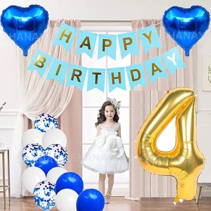 SHANAYA Happy Birthday Decorations For Girls Boys Husband Wife Combo Items Kit -42Pcs Set Blue Gold Happy Birthday Bunting Banner White Metallic Balloons Star Heart Number 4 Foil Baloons Party Supplies