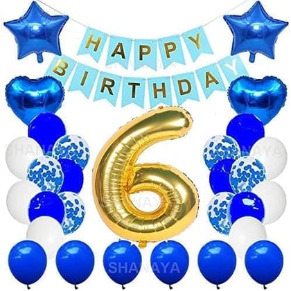 SHANAYA Happy Birthday Decorations For Girls Boys Husband Wife Combo Items Kit -42Pcs Set Blue Gold Happy Birthday Bunting Banner White Metallic Balloons Star Heart Number 6 Foil Baloons Party Supplies