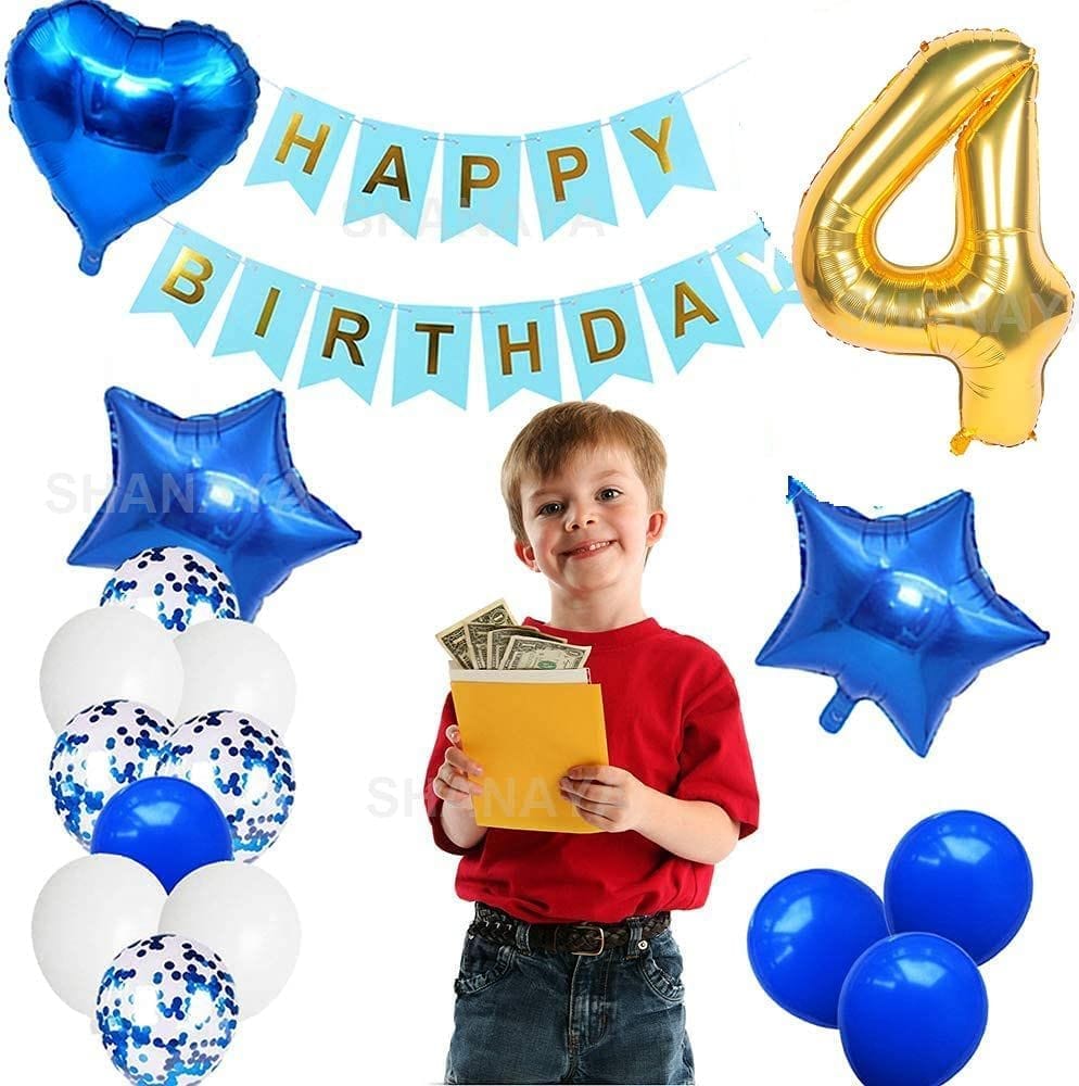 SHANAYA Happy Birthday Decorations For Girls Boys Husband Wife Combo Items Kit -42Pcs Set Blue Gold Happy Birthday Bunting Banner White Metallic Balloons Star Heart Number 4 Foil Baloons Party Supplies
