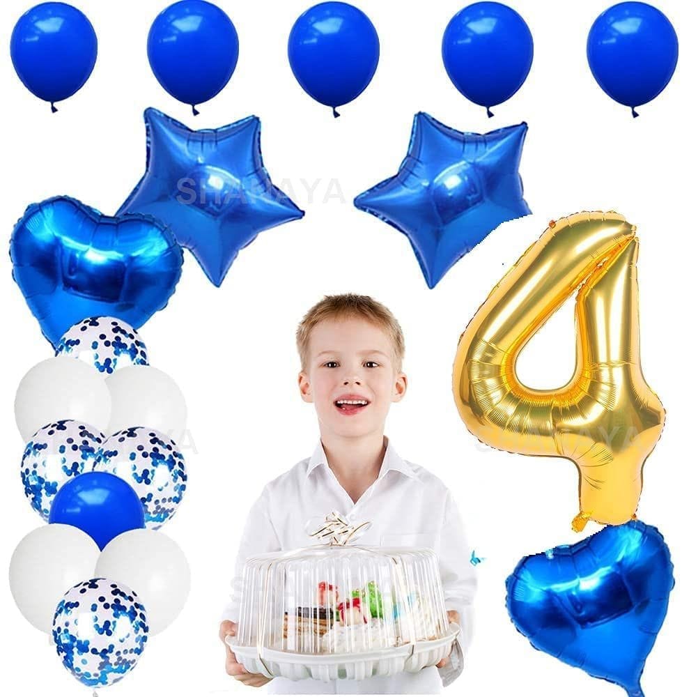 SHANAYA Happy Birthday Decorations For Girls Boys Husband Wife Combo Items Kit -42Pcs Set Blue Gold Happy Birthday Bunting Banner White Metallic Balloons Star Heart Number 4 Foil Baloons Party Supplies