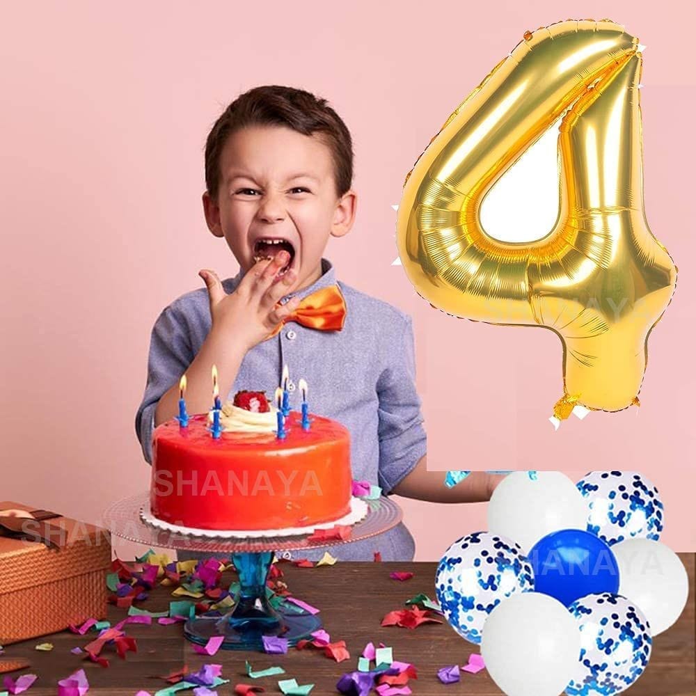 SHANAYA Happy Birthday Decorations For Girls Boys Husband Wife Combo Items Kit -42Pcs Set Blue Gold Happy Birthday Bunting Banner White Metallic Balloons Star Heart Number 4 Foil Baloons Party Supplies