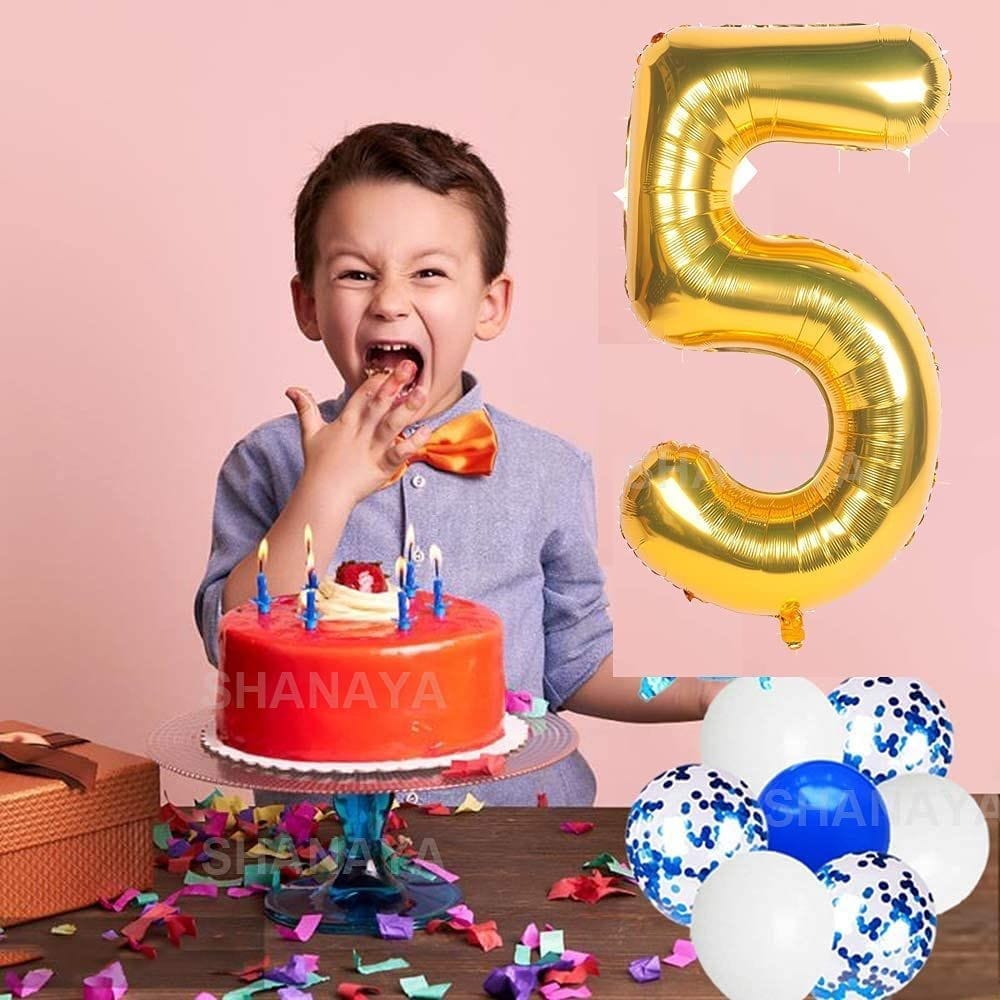 SHANAYA Happy Birthday Decorations For Girls Boys Husband Wife Combo Items Kit -42Pcs Set Blue Gold Happy Birthday Bunting Banner White Metallic Balloons Star Heart Number 5 Foil Baloons Party Supplies