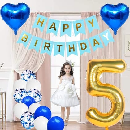 SHANAYA Happy Birthday Decorations For Girls Boys Husband Wife Combo Items Kit -42Pcs Set Blue Gold Happy Birthday Bunting Banner White Metallic Balloons Star Heart Number 5 Foil Baloons Party Supplies