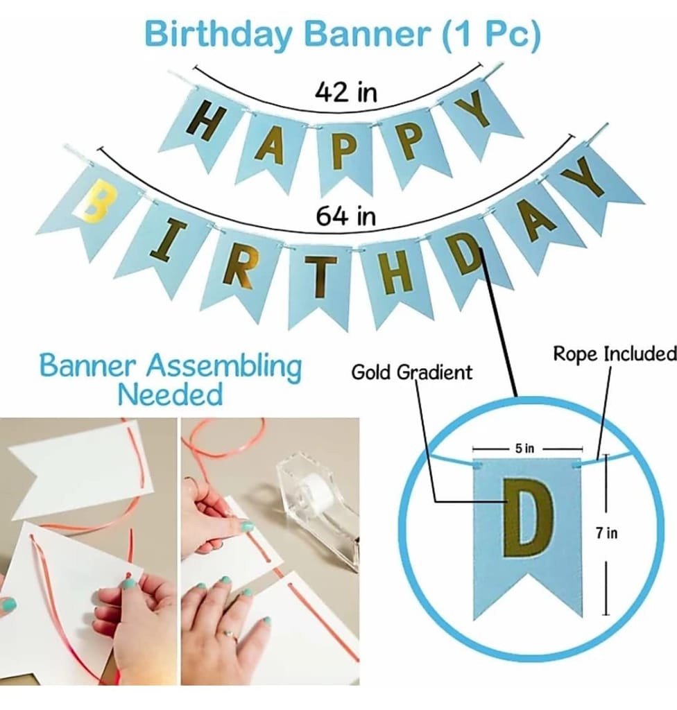 SHANAYA Happy Birthday Decorations For Girls Boys Husband Wife Combo Items Kit -42Pcs Set Blue Gold Happy Birthday Bunting Banner White Metallic Balloons Star Heart Number 5 Foil Baloons Party Supplies