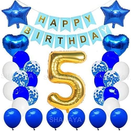 SHANAYA Happy Birthday Decorations For Girls Boys Husband Wife Combo Items Kit -42Pcs Set Blue Gold Happy Birthday Bunting Banner White Metallic Balloons Star Heart Number 5 Foil Baloons Party Supplies
