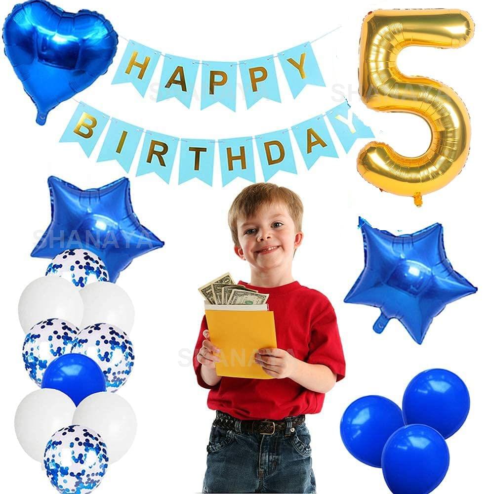 SHANAYA Happy Birthday Decorations For Girls Boys Husband Wife Combo Items Kit -42Pcs Set Blue Gold Happy Birthday Bunting Banner White Metallic Balloons Star Heart Number 5 Foil Baloons Party Supplies