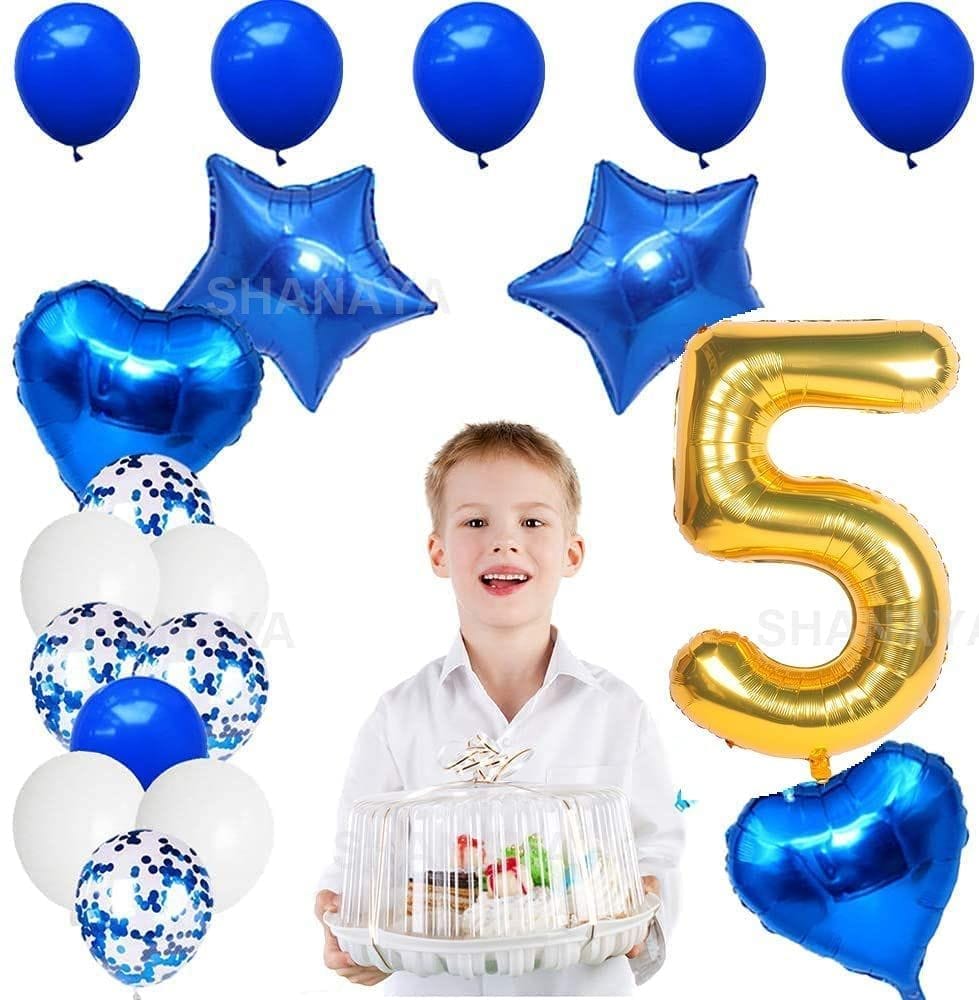 SHANAYA Happy Birthday Decorations For Girls Boys Husband Wife Combo Items Kit -42Pcs Set Blue Gold Happy Birthday Bunting Banner White Metallic Balloons Star Heart Number 5 Foil Baloons Party Supplies
