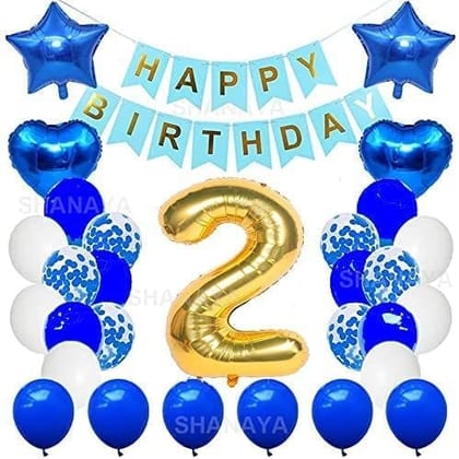 SHANAYA Happy Birthday Decorations For Girls Boys Husband Wife Combo Items Kit -42Pcs Set Blue Gold Happy Birthday Bunting Banner White Metallic Balloons Star Heart Number 2 Foil Baloons Party Supplies