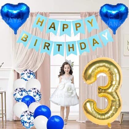 SHANAYA Happy Birthday Decorations For Girls Boys Husband Wife Combo Items Kit -42Pcs Set Blue Gold Happy Birthday Bunting Banner White Metallic Balloons Star Heart Number 3 Foil Baloons Party Supplies