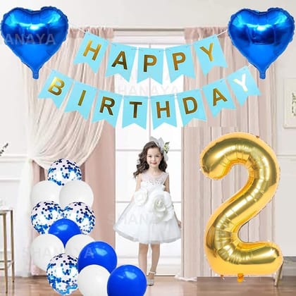 SHANAYA Happy Birthday Decorations For Girls Boys Husband Wife Combo Items Kit -42Pcs Set Blue Gold Happy Birthday Bunting Banner White Metallic Balloons Star Heart Number 2 Foil Baloons Party Supplies