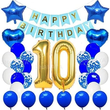 SHANAYA Happy Birthday Decorations For Girls Boys Husband Wife Combo Items Kit -42Pcs Set Blue Gold Happy Birthday Bunting Banner White Metallic Balloons Star Heart Number 10 Foil Baloons Party Supplies