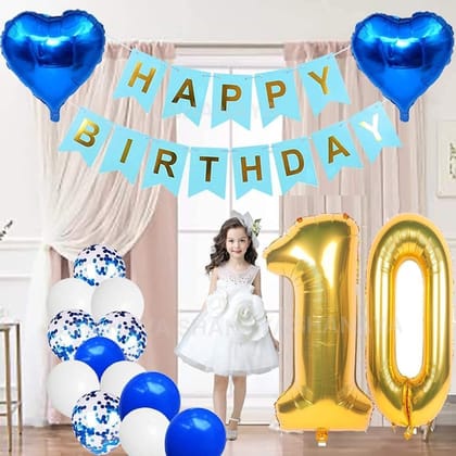 SHANAYA Happy Birthday Decorations For Girls Boys Husband Wife Combo Items Kit -42Pcs Set Blue Gold Happy Birthday Bunting Banner White Metallic Balloons Star Heart Number 10 Foil Baloons Party Supplies