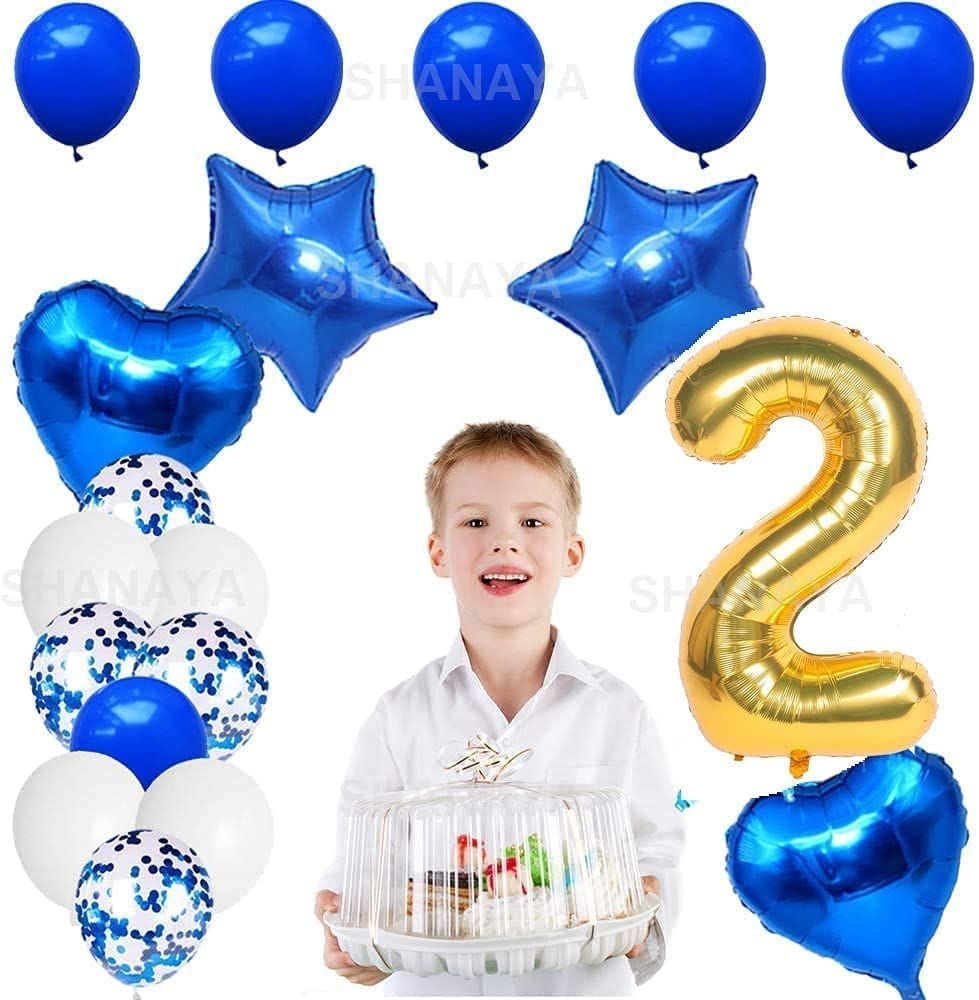 SHANAYA Happy Birthday Decorations For Girls Boys Husband Wife Combo Items Kit -42Pcs Set Blue Gold Happy Birthday Bunting Banner White Metallic Balloons Star Heart Number 2 Foil Baloons Party Supplies