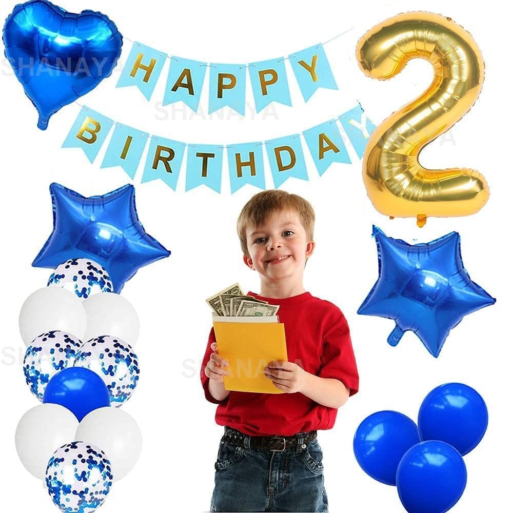 SHANAYA Happy Birthday Decorations For Girls Boys Husband Wife Combo Items Kit -42Pcs Set Blue Gold Happy Birthday Bunting Banner White Metallic Balloons Star Heart Number 2 Foil Baloons Party Supplies